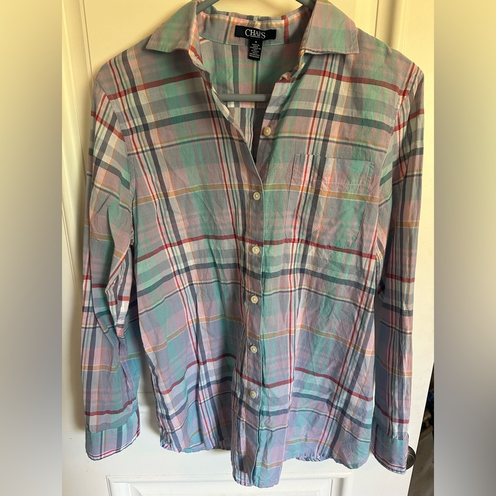 CHAPS long sleeve pastel plaid button up shirt